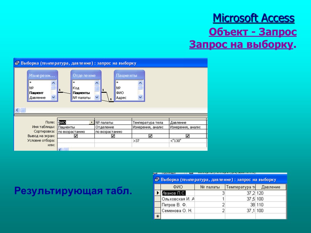 Табл. 1 Microsoft Access Объект - Запрос Запрос на выборку. Результирующая табл.